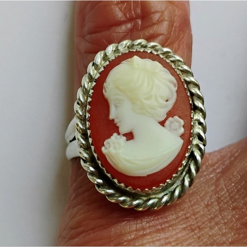Vintage Victorian Cameo Ring 5.25 Carnelian Shell STERLING Silver Handcrafted